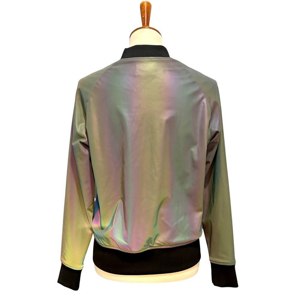 Holographic Reflective Bomber Jacket Iridescent Silver Black Line Noli, Size S - Picture 3 of 10